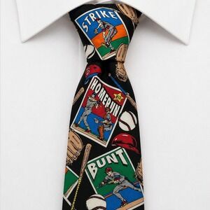 Addiction Baseball Card Silk Tie Mens OS Black Multi Vintage Novelty Sports